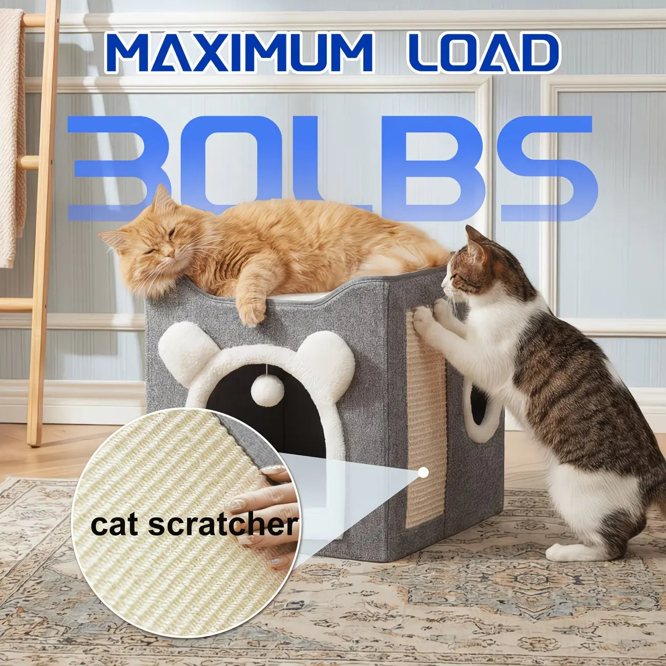 A Cat Suitable for Indoor Cats, with a Large Cat Hole for a Comfortable Apartment, Fluffy Hanging Balls, round Windows, a Foldable Indoor Cat House, Capable of Bearing up to 30 Pounds , with Double-Sided Soft Cushions,Raised Pet Bed