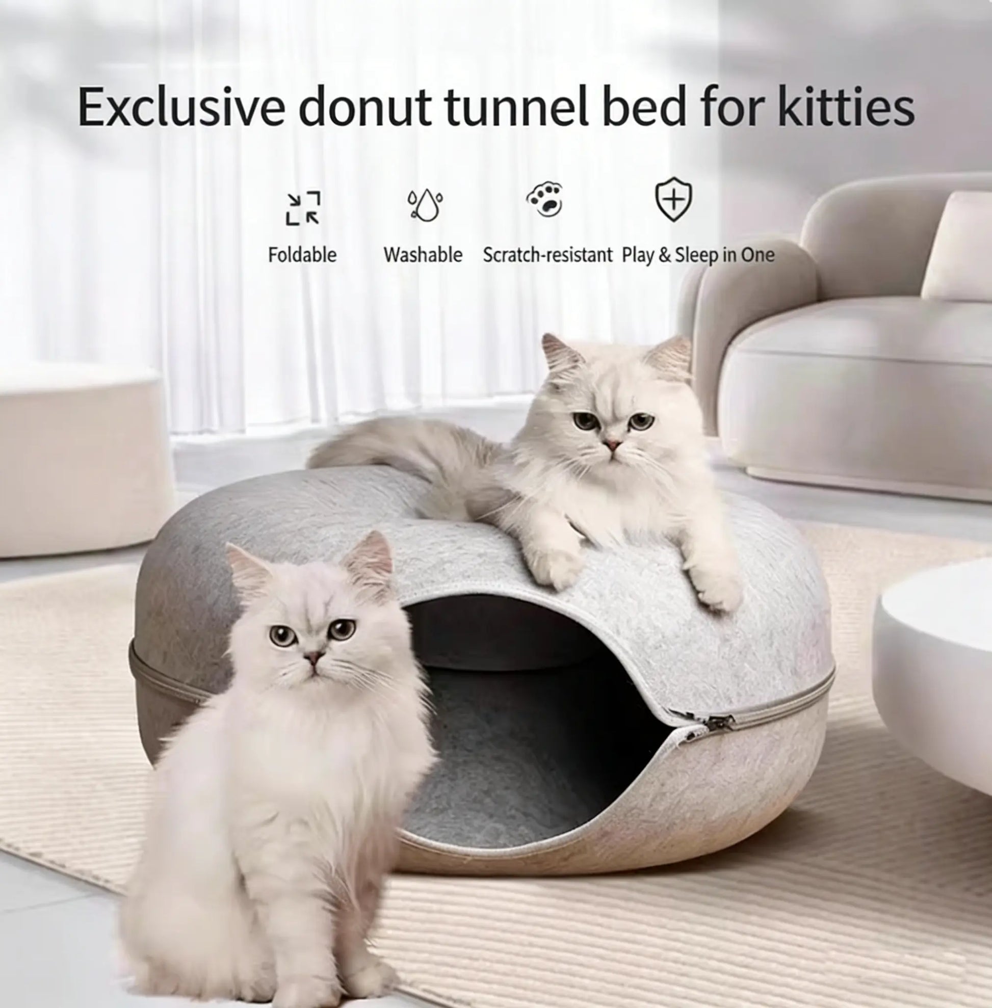 Donut-Tire-Tunnel Cat Shaped Beds - Comfortable, Soft Pet Bed for Cats' Sleeping and Playing Year-Round, Doughnut-Shaped Beds